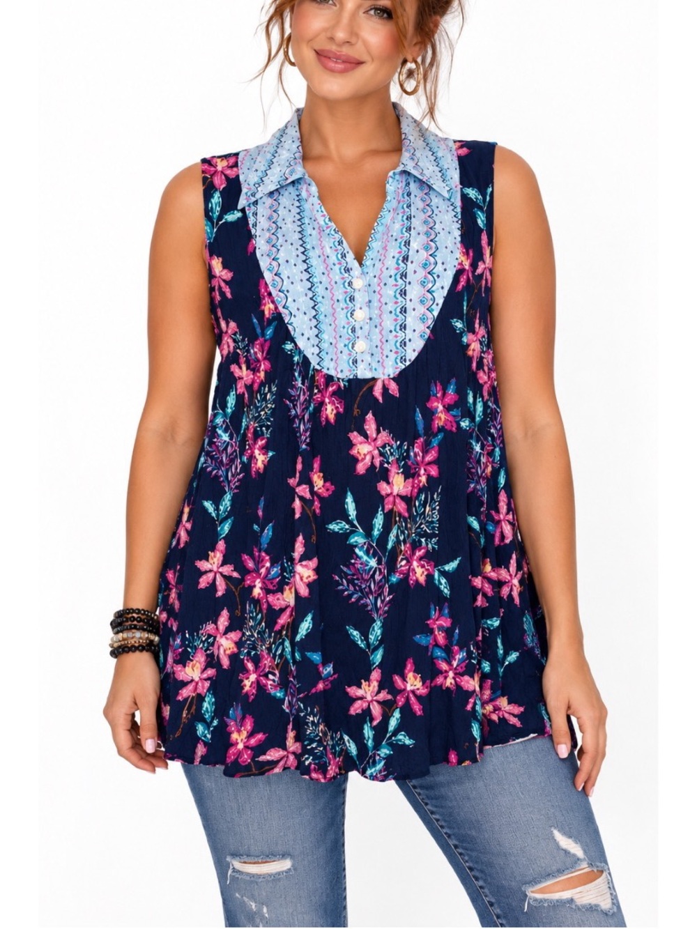 Style & Co. Floral Navy Collared Top- Large